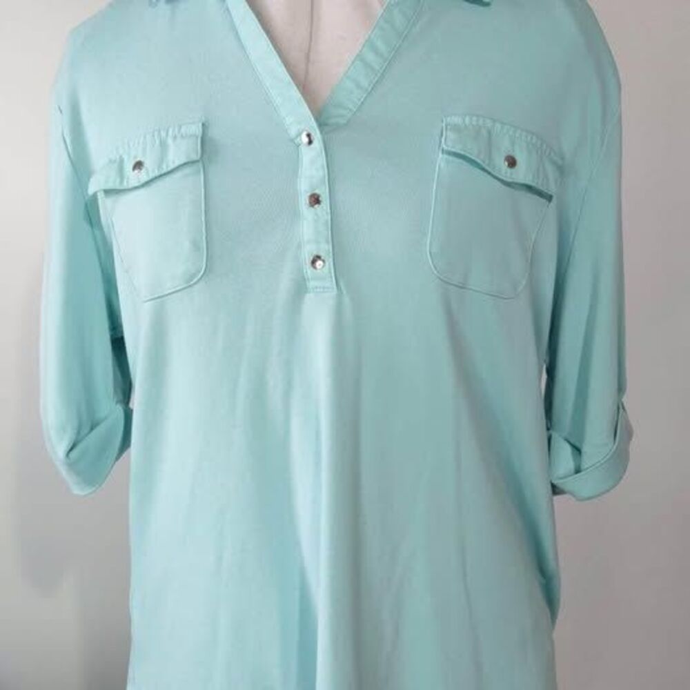 XL Blouse Croft & Barrow Baby Blue Collar Neck Pockets C5410